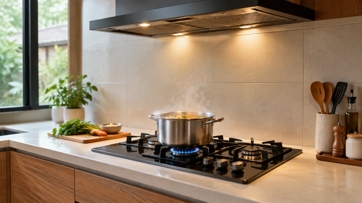 Lampu tudung kompor menerangi panci di dapur