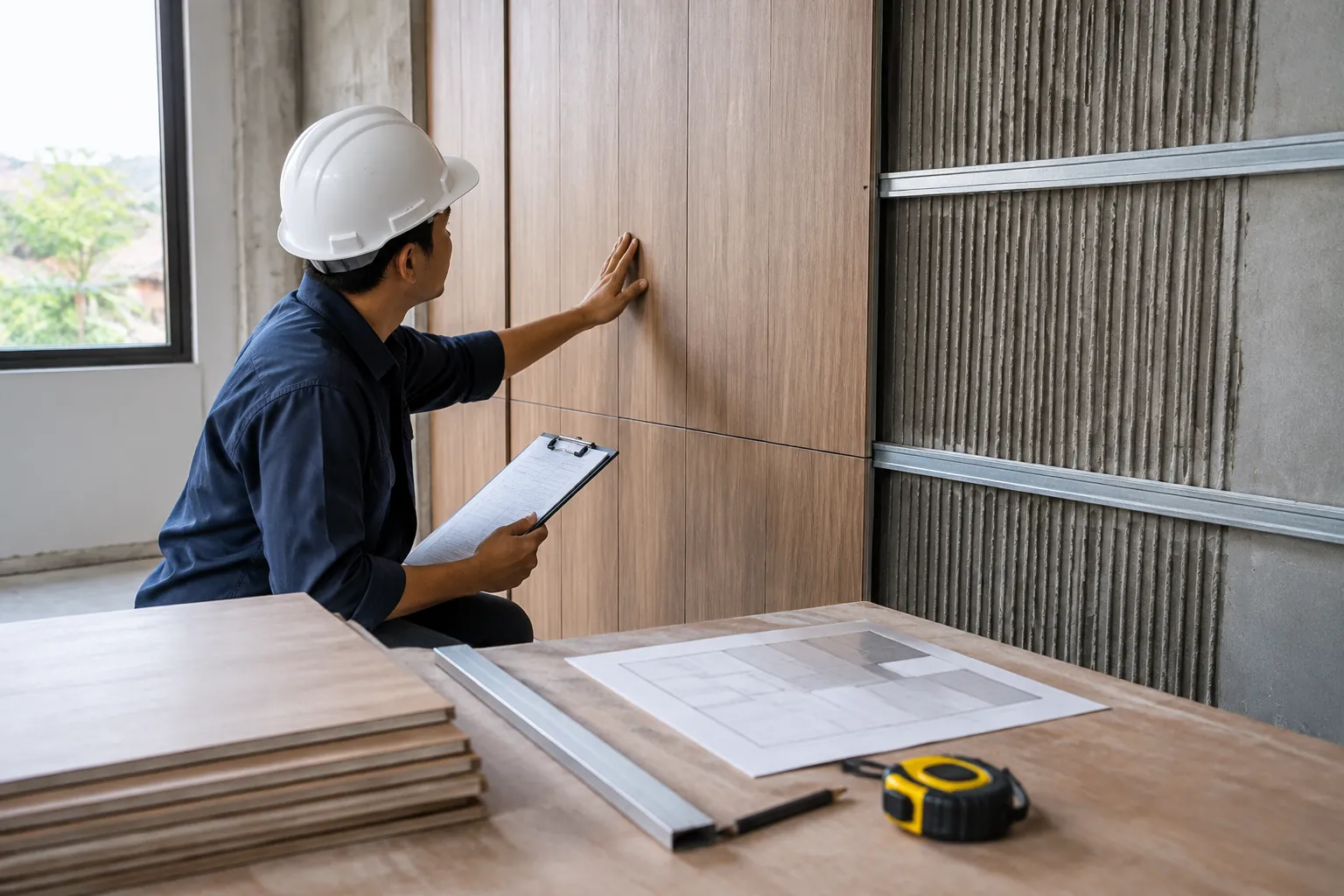 Pekerja memeriksa panel pelapis dinding yang sedang dipasang