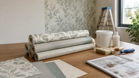 Gulungan wallpaper bermotif daun dan contoh warna di meja