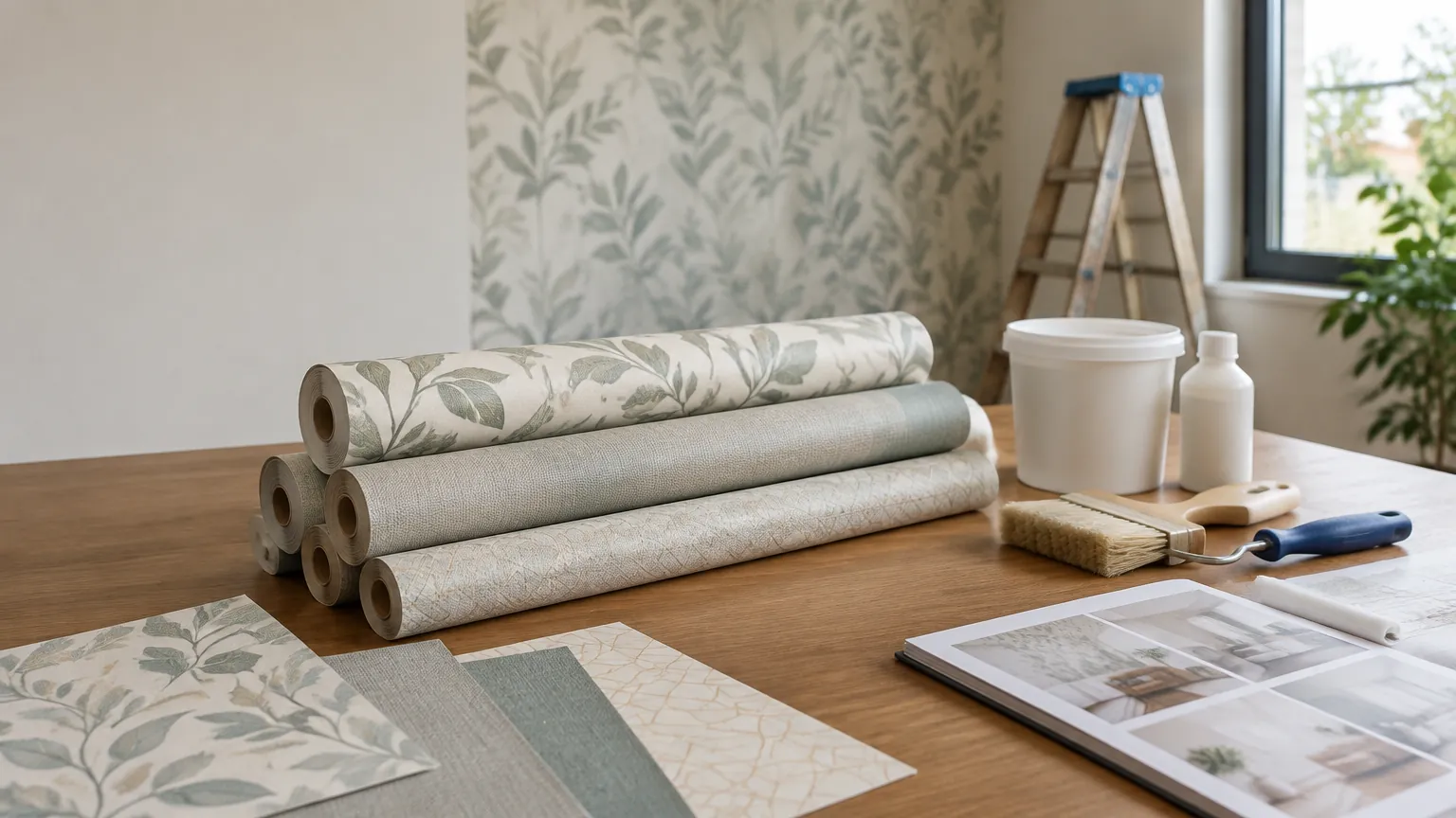 Gulungan wallpaper bermotif daun dan contoh warna di meja