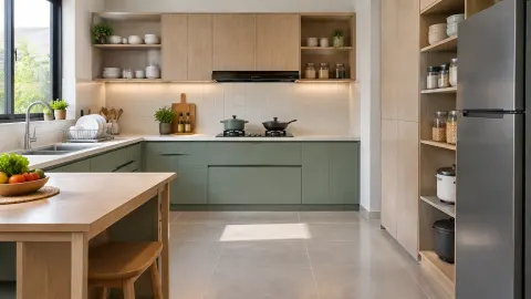 Dapur dengan kabinet hijau dan tempat simpan terbuka