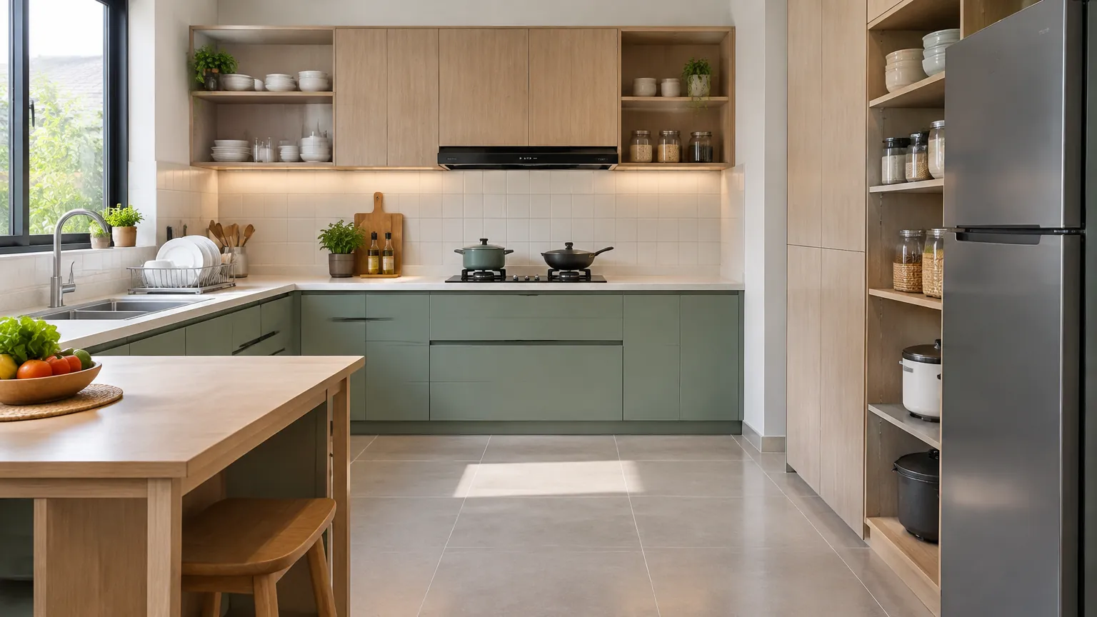 Dapur dengan kabinet hijau dan tempat simpan terbuka