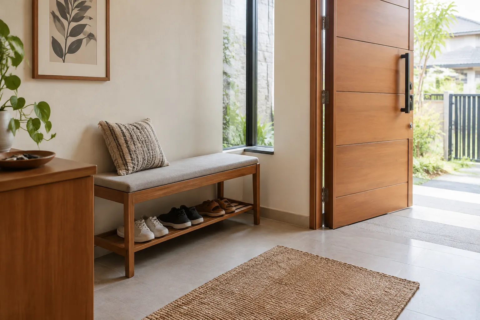 Foyer dengan bangku kayu, rak sepatu, dan pintu masuk