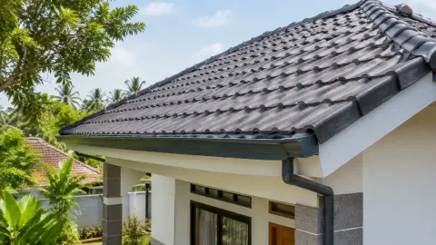 Atap genteng rumah dengan kemiringan dan talang yang terlihat