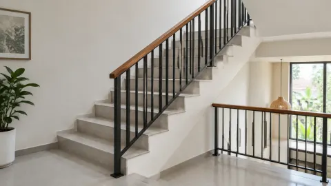 Railing hitam pada sisi terbuka tangga rumah