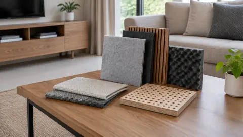 Beberapa sampel panel bertekstur di depan sofa ruang tamu