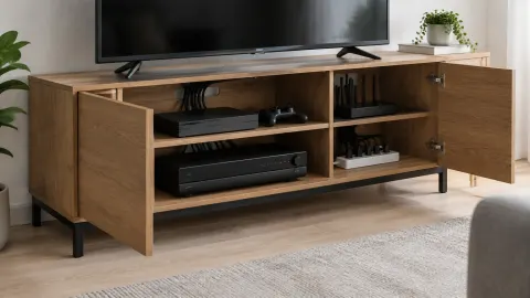 Kabinet TV kayu dengan pintu penyimpanan terbuka