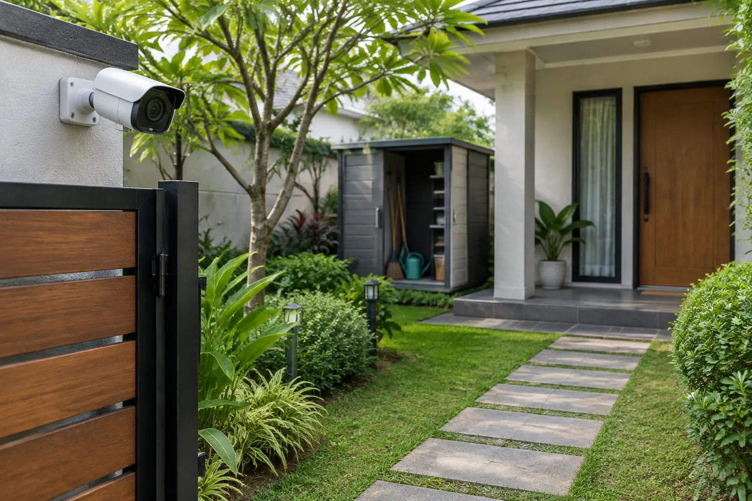 Kamera keamanan dekat gerbang dan jalur taman