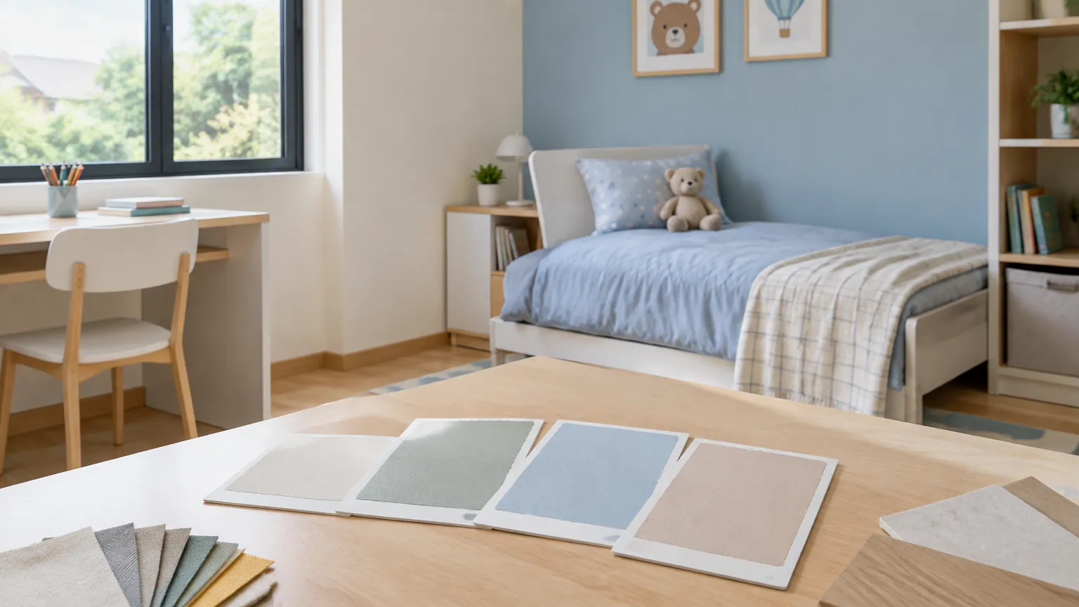 Kamar anak dengan contoh warna dan bahan di atas meja