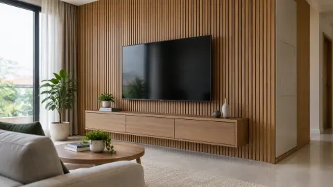 Dinding televisi ruang keluarga dilapisi panel kayu berbilah
