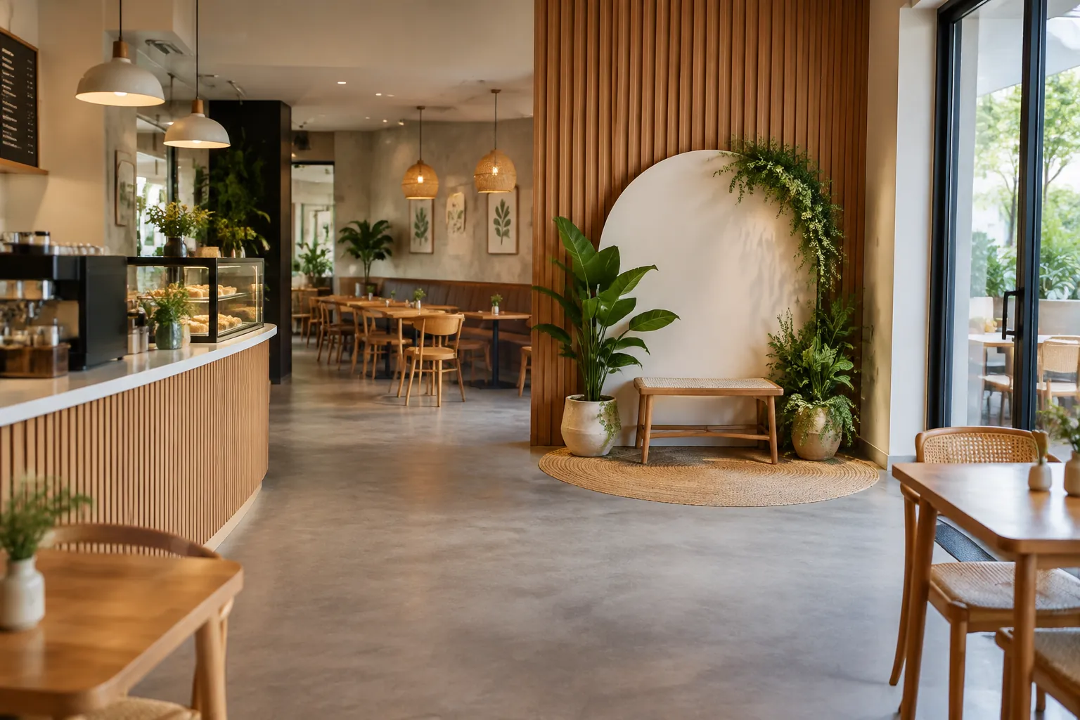 Kafe dengan tempat duduk dan sudut dekoratif