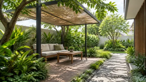 Tempat duduk di bawah naungan pergola dalam taman hijau