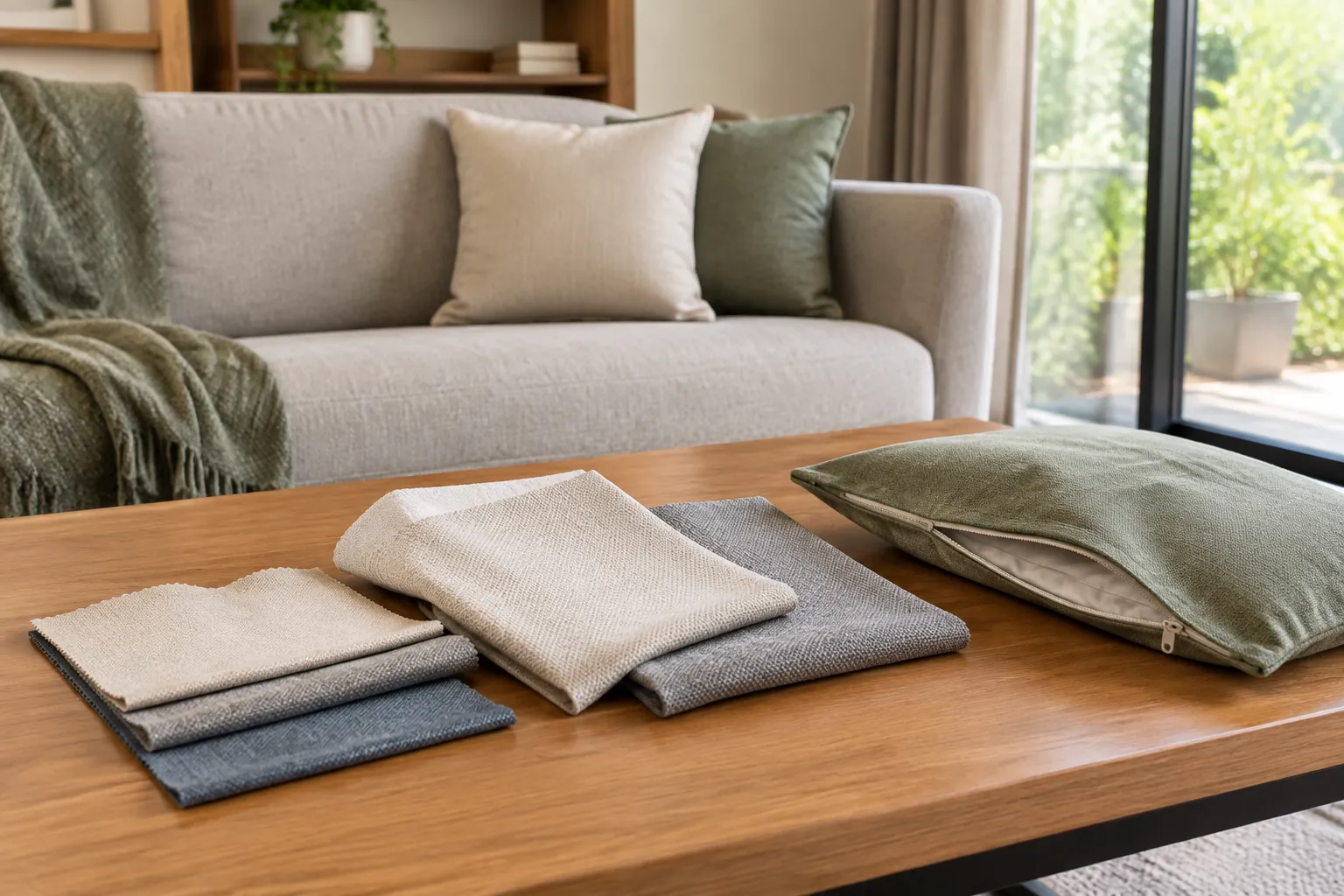 Beberapa contoh kain pelapis diletakkan di meja dekat sofa