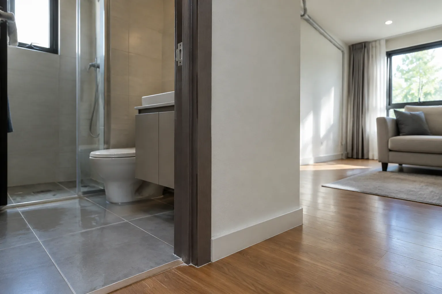 Partisi memisahkan kamar mandi dari area duduk