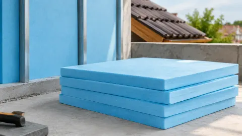 Papan insulasi busa berwarna biru di dekat dinding luar
