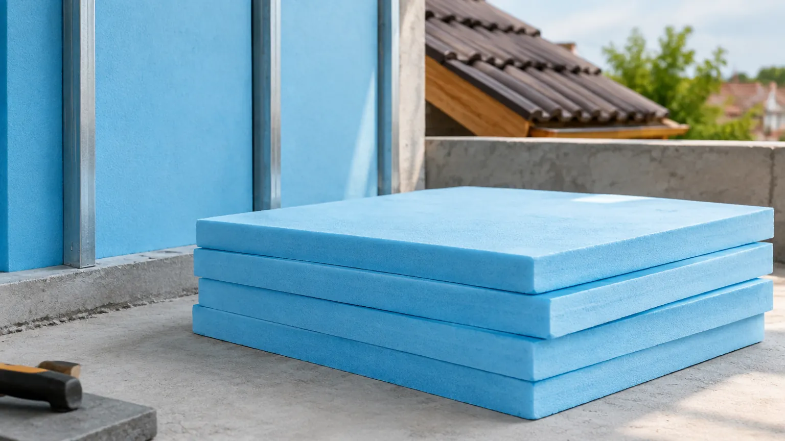 Papan insulasi busa berwarna biru di dekat dinding luar