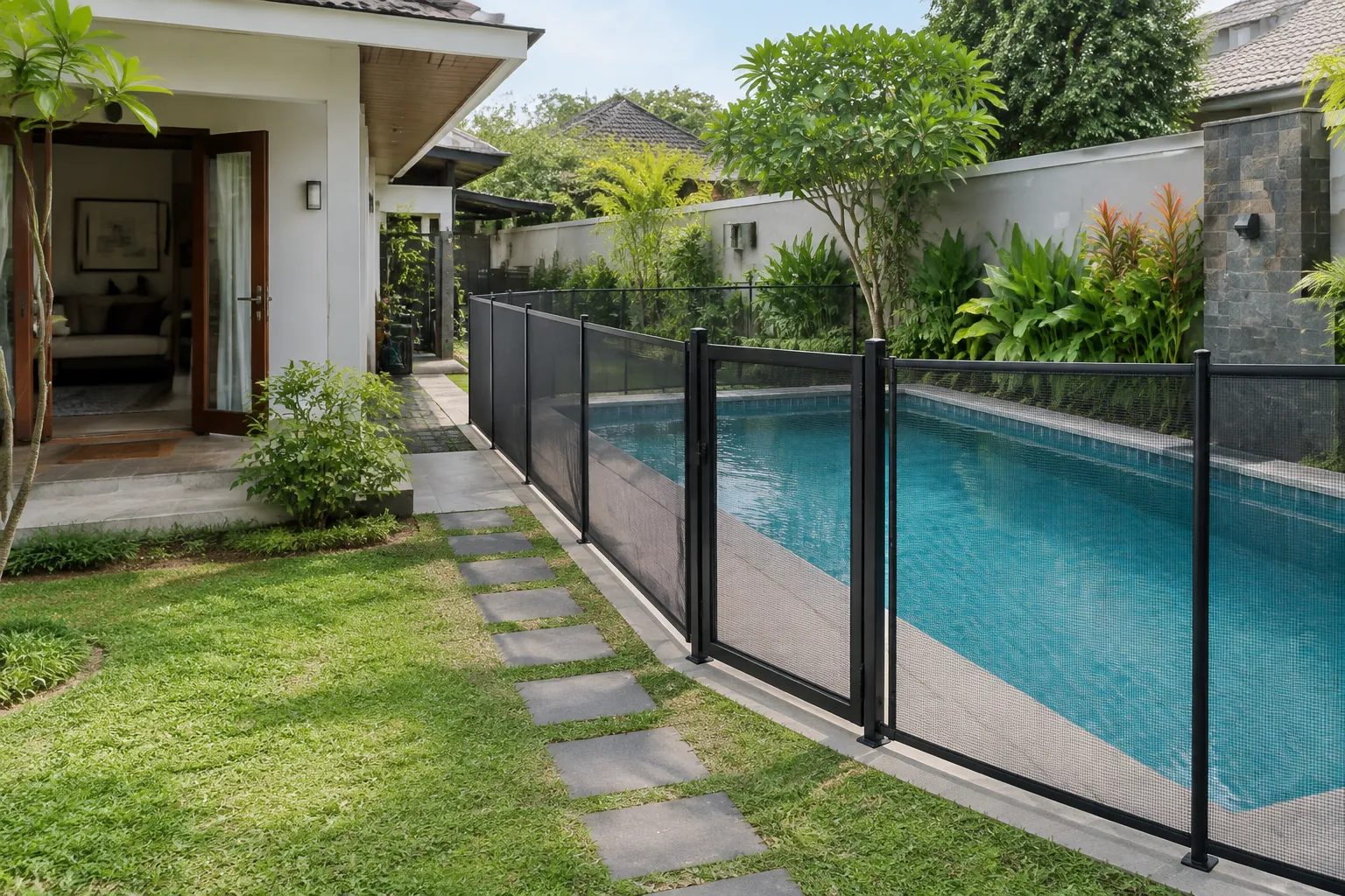 Pagar dan jalur taman memisahkan rumah dari area kolam