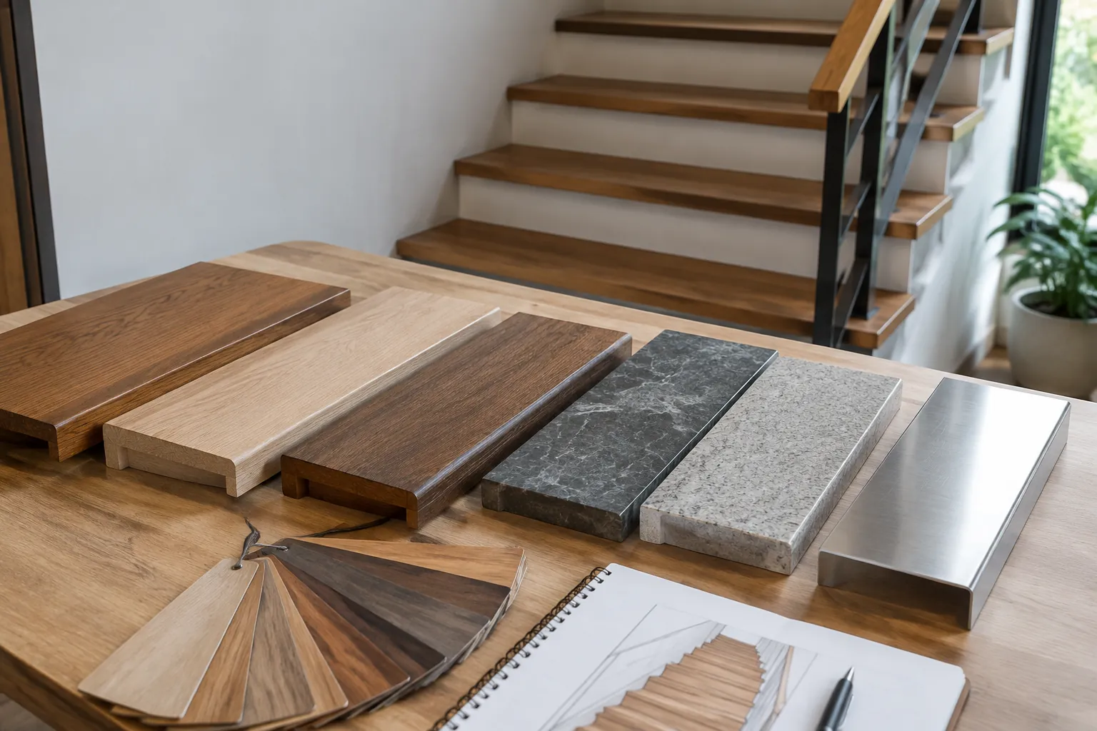 Contoh bahan lantai tangga dan papan kayu di dekat anak tangga