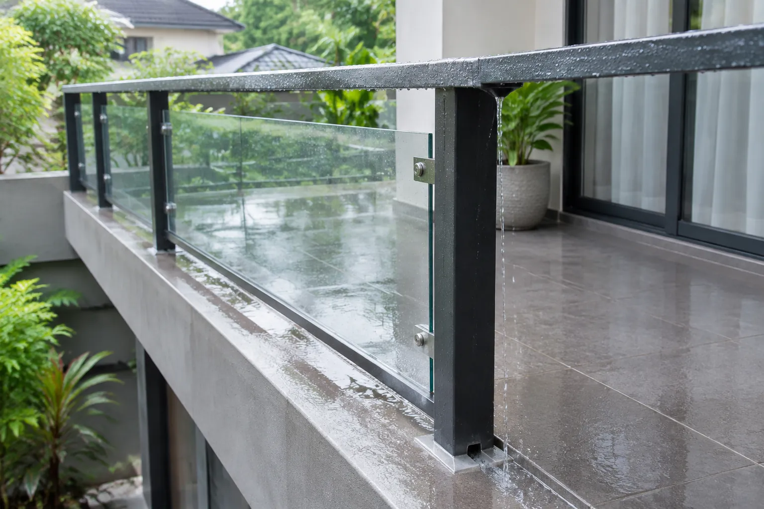 Air tertahan di lantai balkon dekat dasar pagar kaca