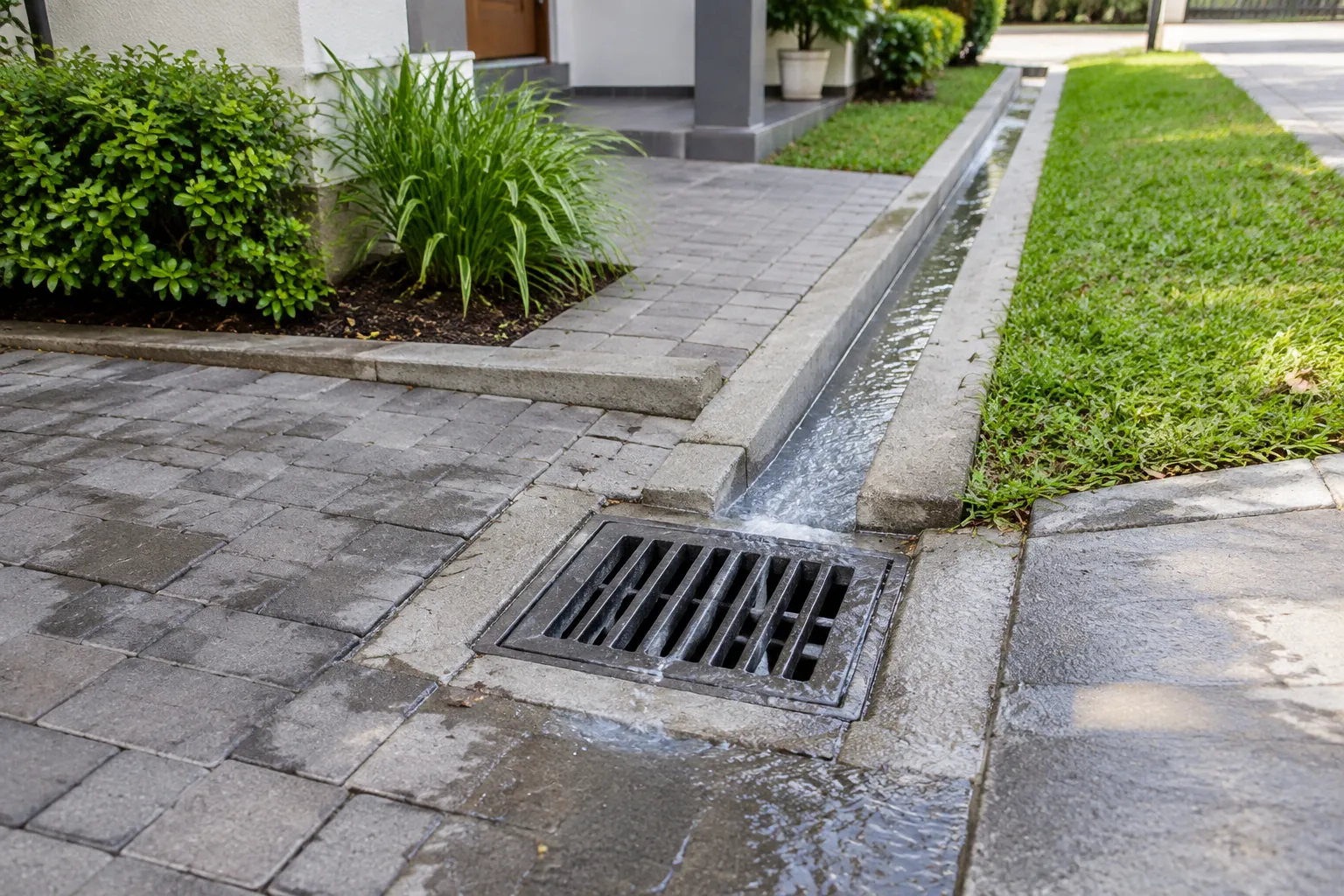 Saluran drainase dengan kisi pada jalur permukiman