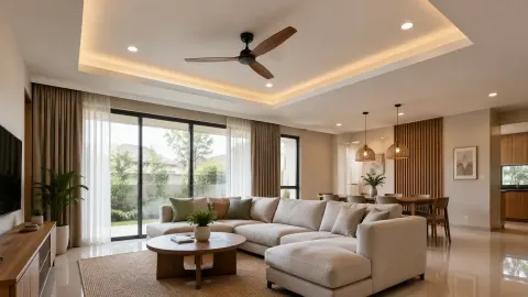 Ruang keluarga dengan sofa dan plafon bertingkat