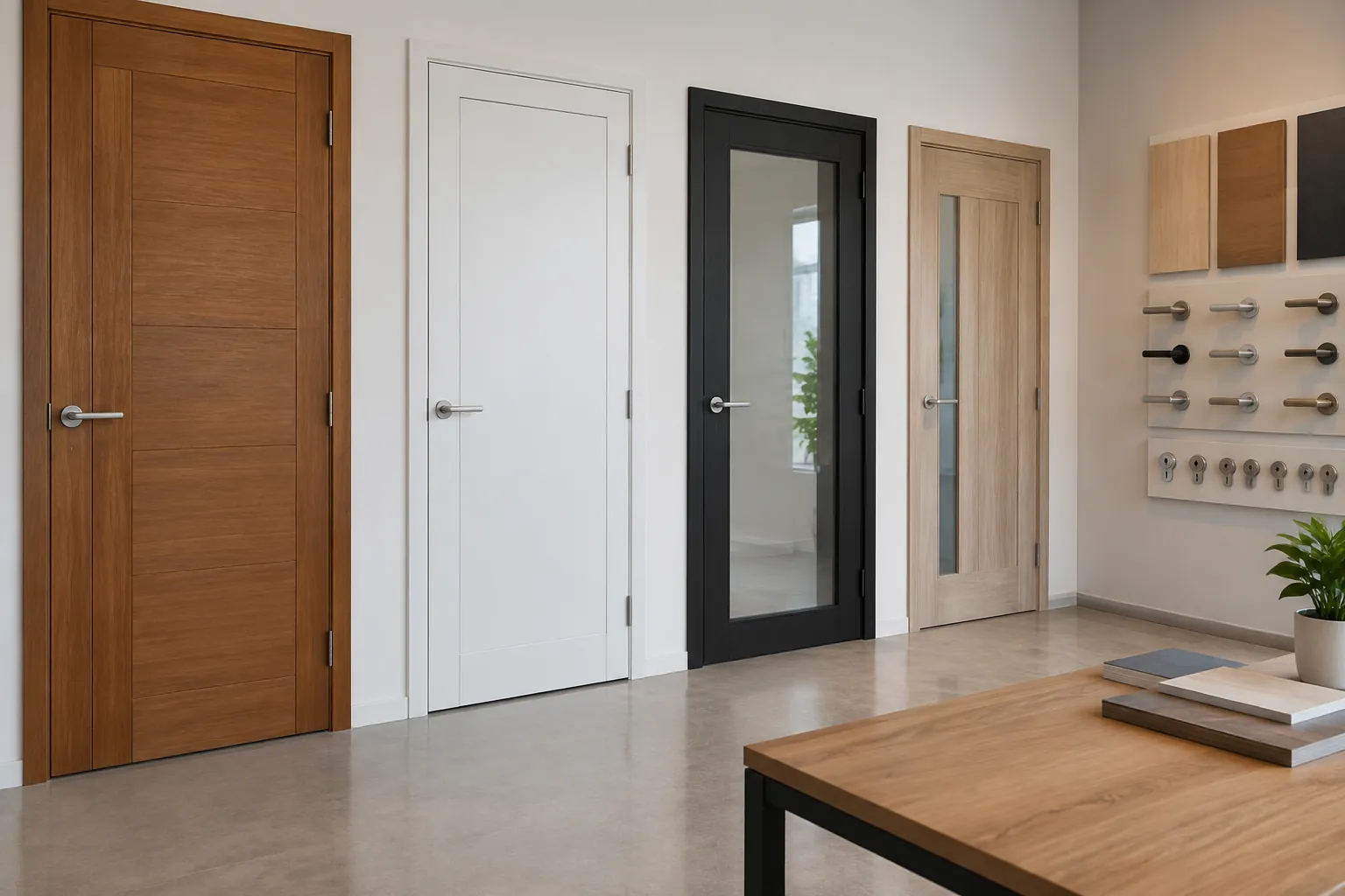 Beberapa contoh pintu dari kayu, panel putih, dan kaca