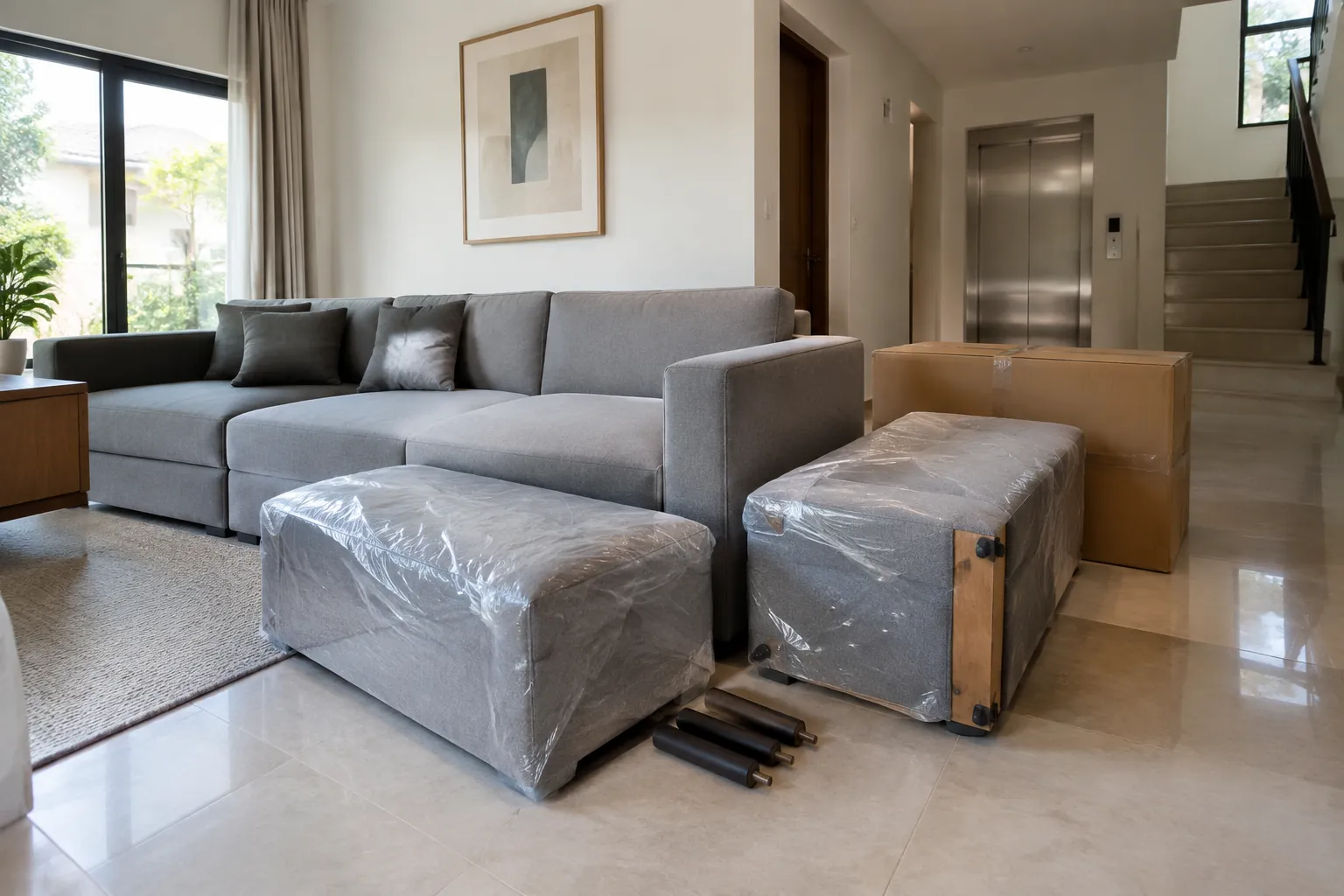 Bagian sofa dibungkus pelindung untuk pemasangan dalam ruang keluarga