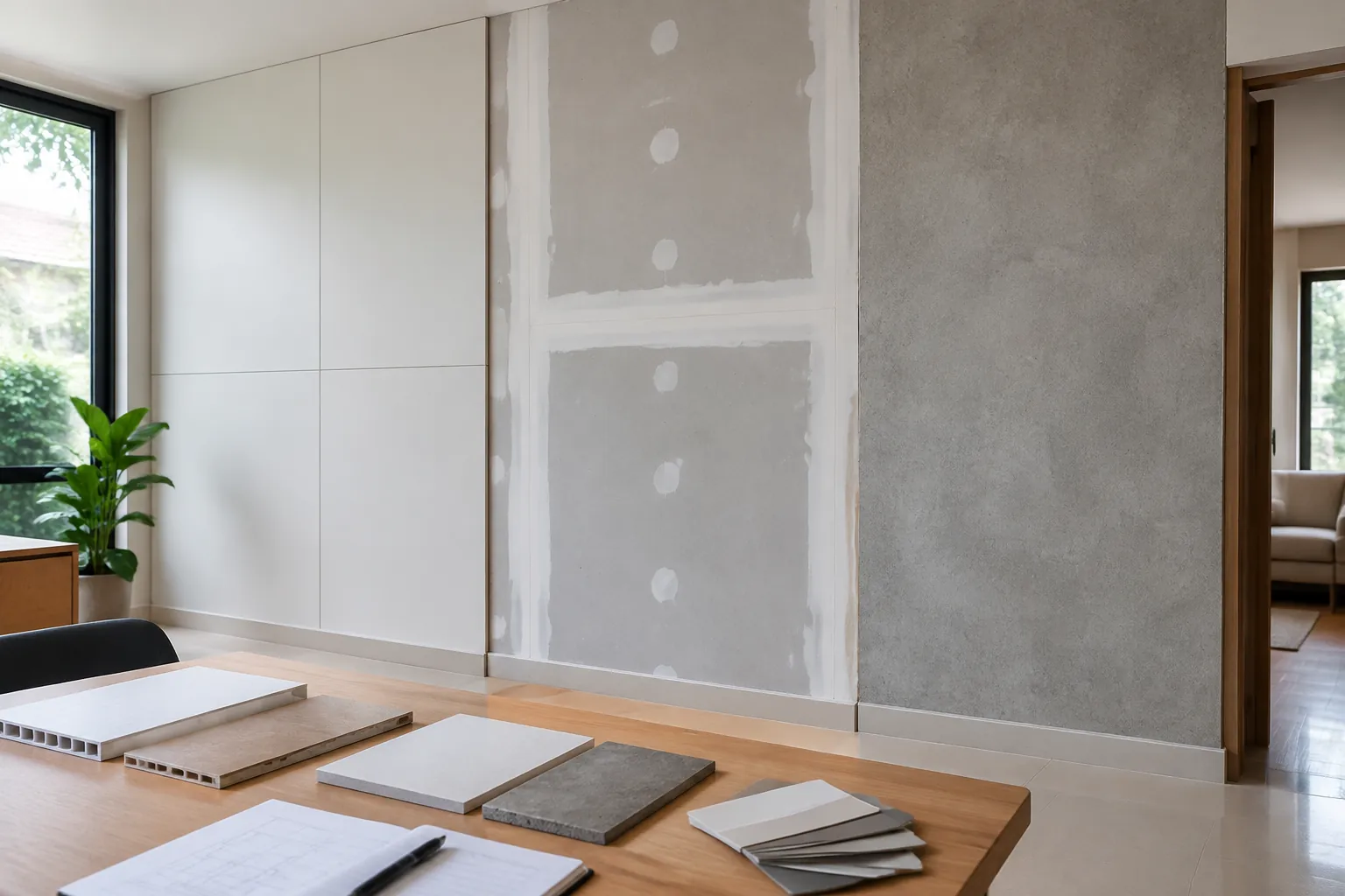 Panel dinding dalam ruangan dengan sampel bahan di meja depan