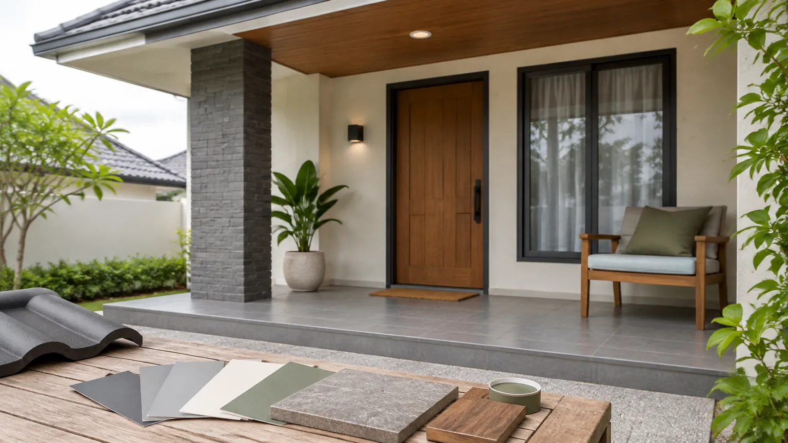 Contoh warna di teras rumah dekat pintu kayu