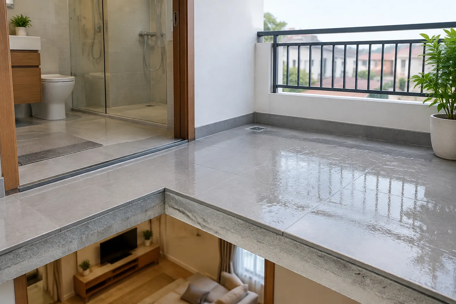 Permukaan balkon basah di atas area bangunan bagian bawah