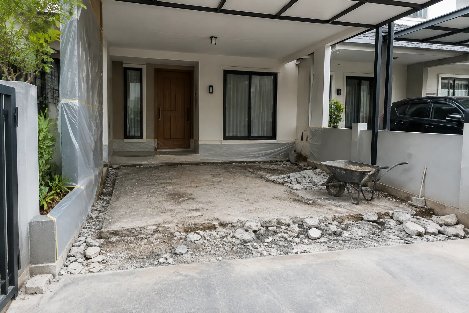 Lantai carport dibongkar hingga lapisan dasar dengan puing di sampingnya