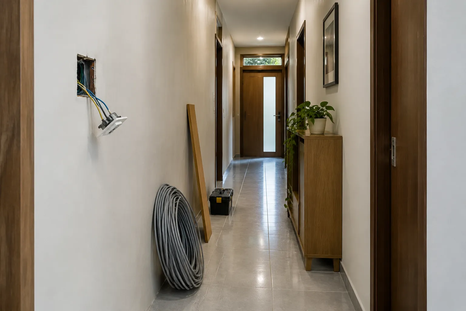Kabel dan papan di lorong renovasi.