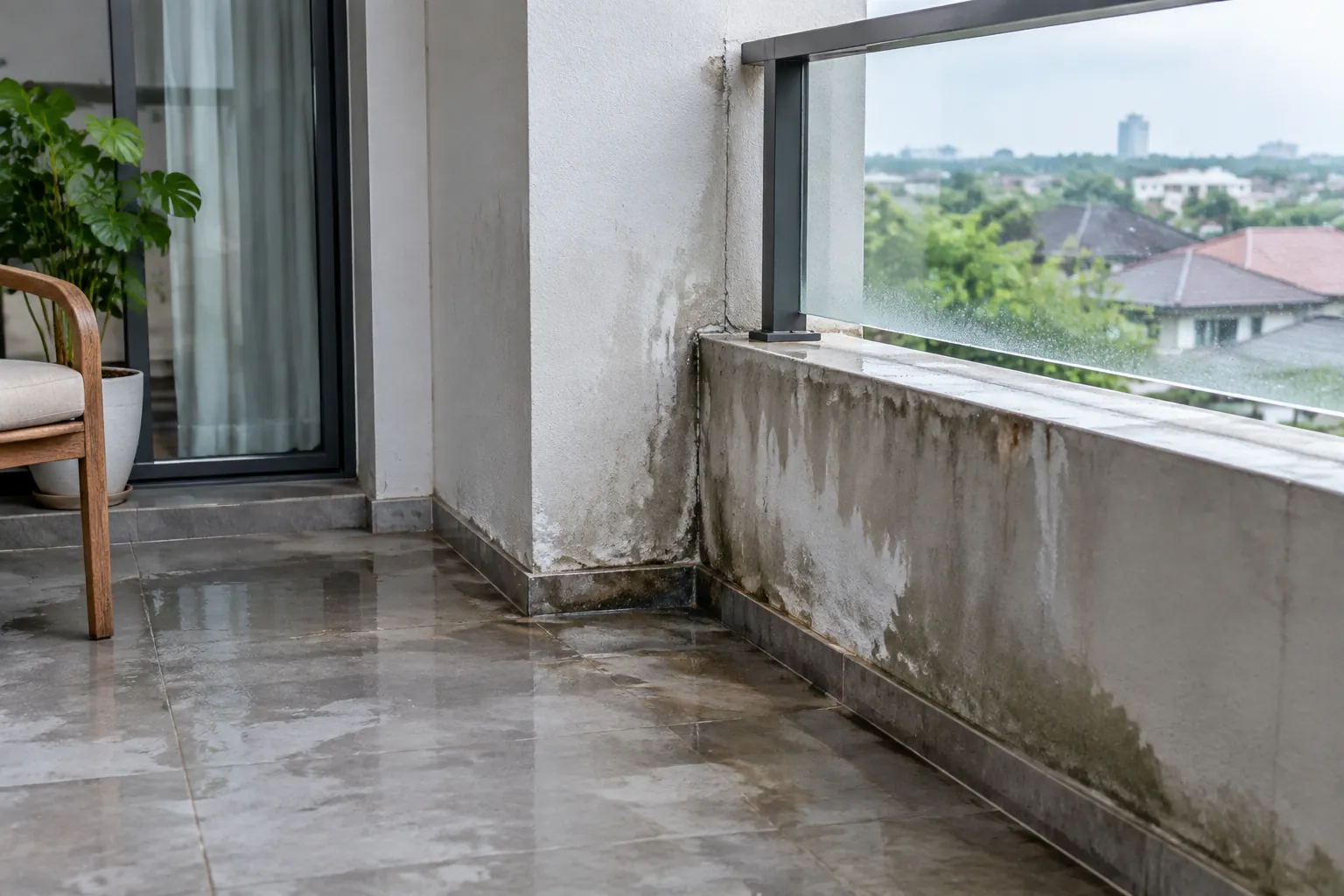 Noda lembap tampak di bawah pangkal pagar balkon
