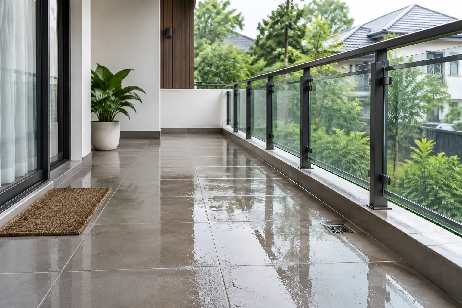 Permukaan lantai balkon terlihat basah di dekat pagar kaca