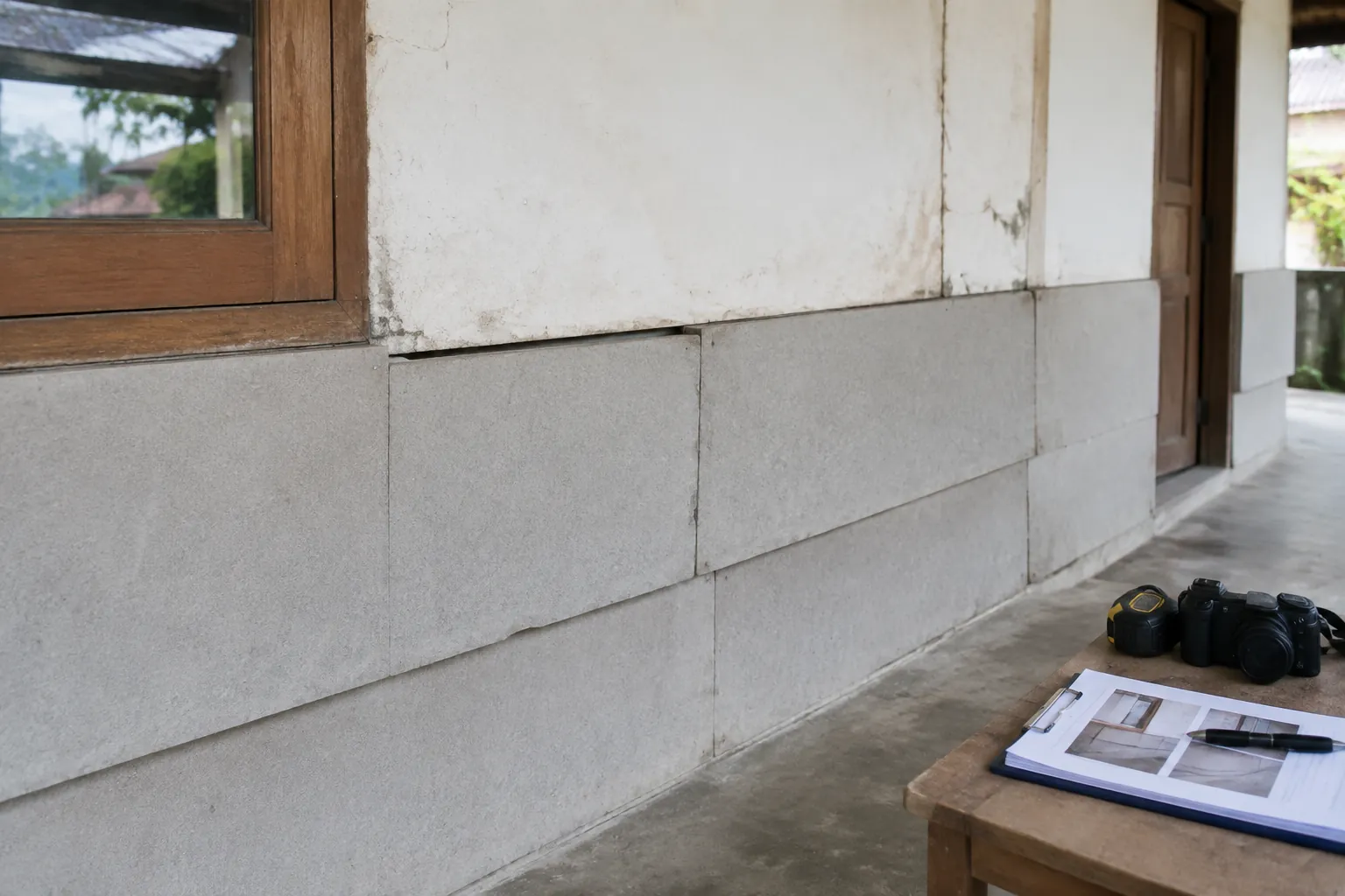 Dinding lama dengan bagian bawah yang diperlihatkan sebelum pelapisan