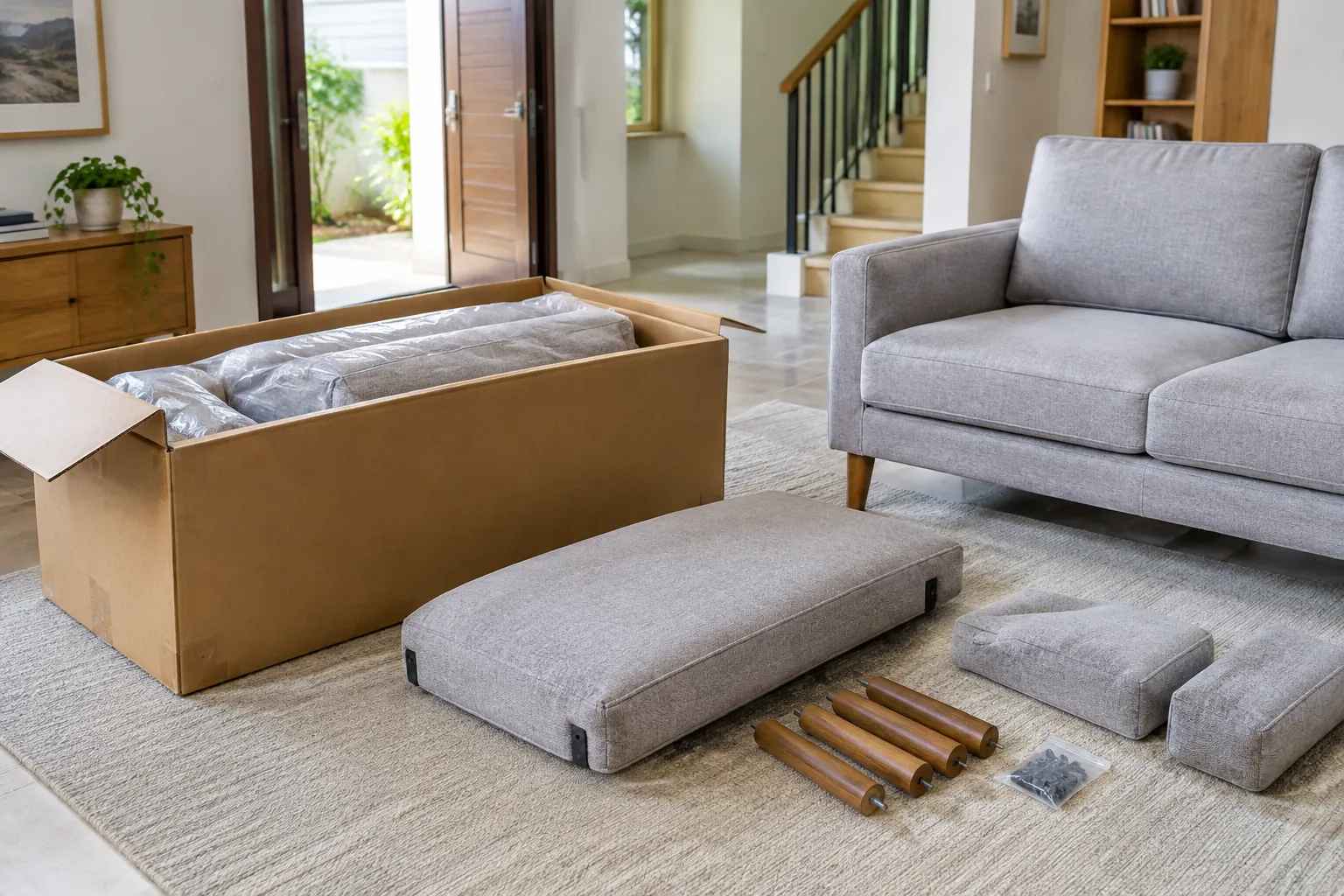 Komponen sofa dan kemasannya diletakkan di dekat pintu ruang keluarga