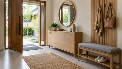 Foyer dengan meja kecil, cermin, dan bangku sepatu