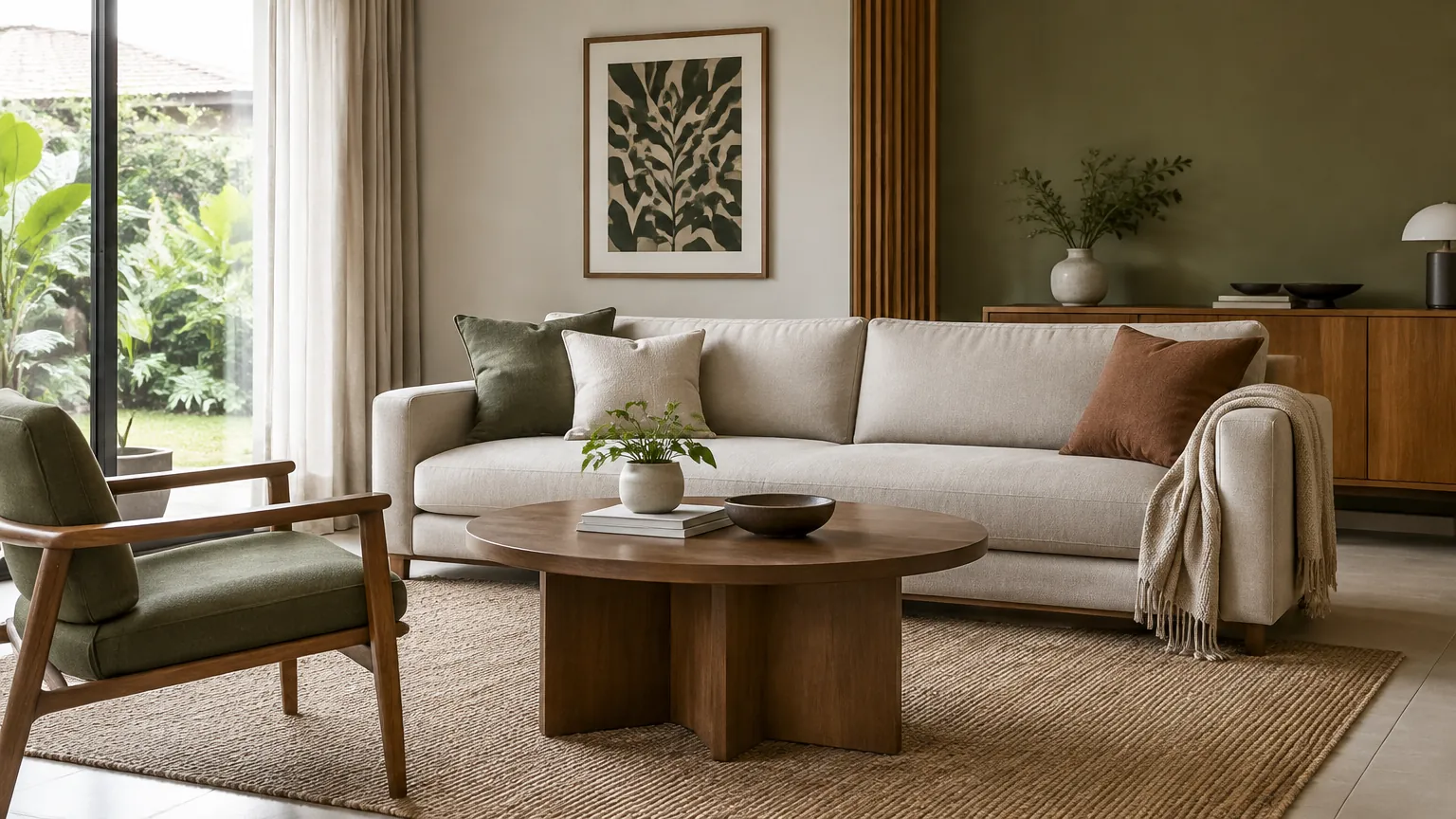 Sofa terang dengan meja bundar dan kursi di ruang tamu