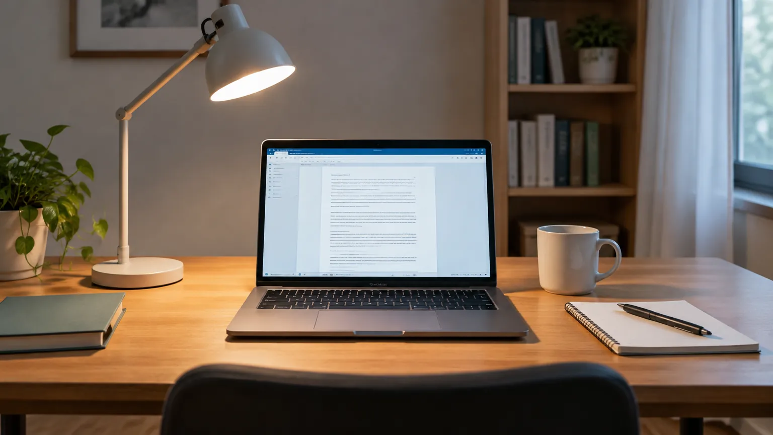 Laptop dan lampu meja di dekat jendela