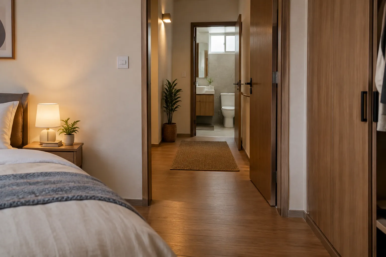 Jalur dari kamar tidur menuju pintu kamar mandi tampak tanpa penghalang
