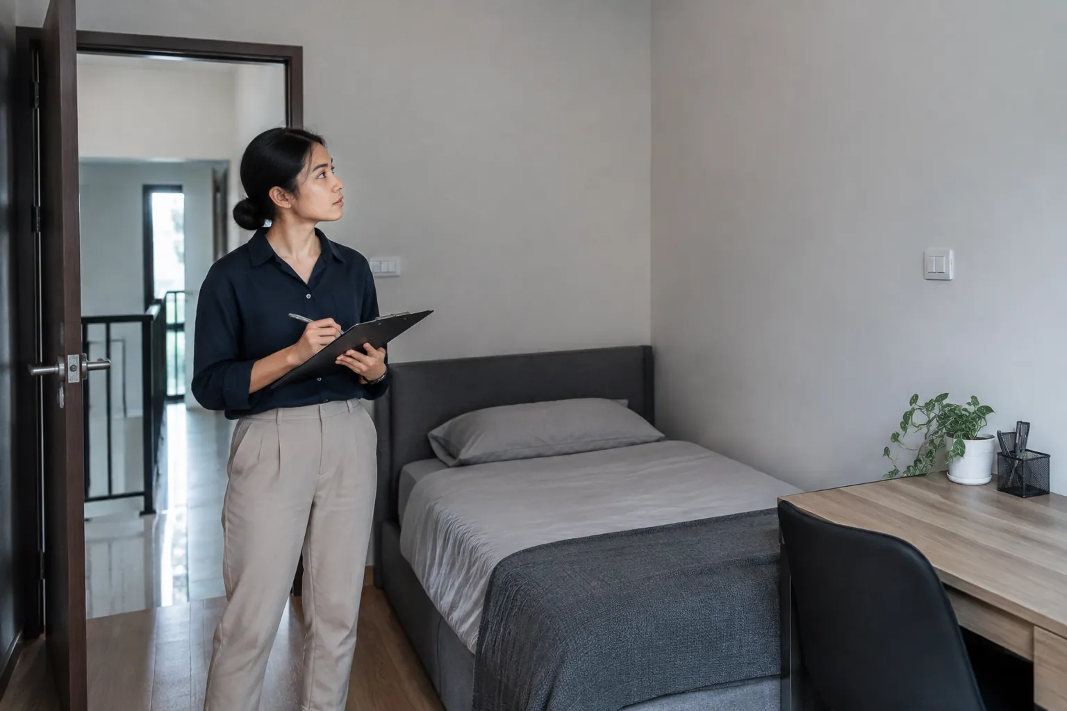 Orang membawa papan catatan di kamar.
