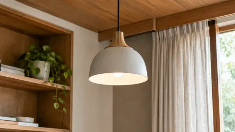 Lampu gantung putih di depan tirai dan plafon kayu