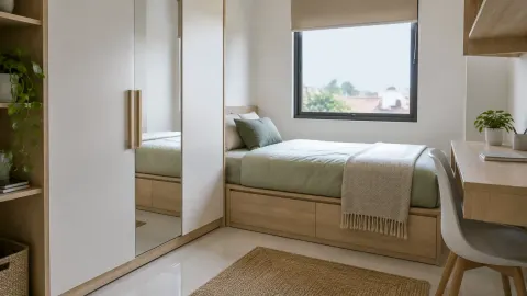 Lemari geser bercermin di kamar tidur kecil