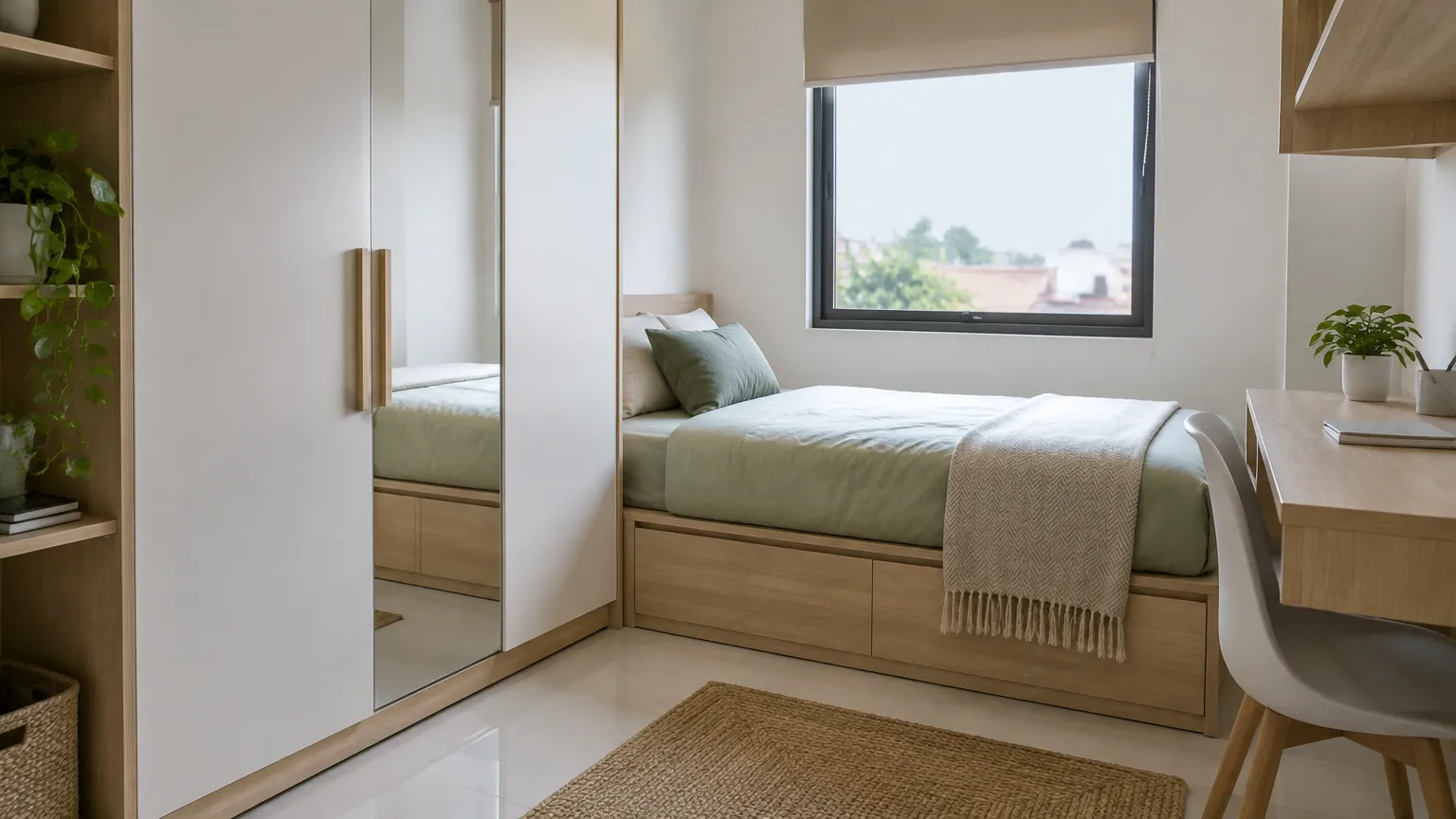 Lemari geser bercermin di kamar tidur kecil