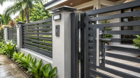 Gerbang rumah berbilah mendatar dengan tiang beton