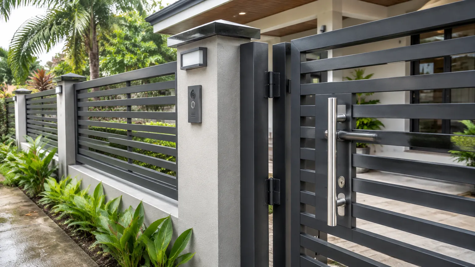 Gerbang rumah berbilah mendatar dengan tiang beton