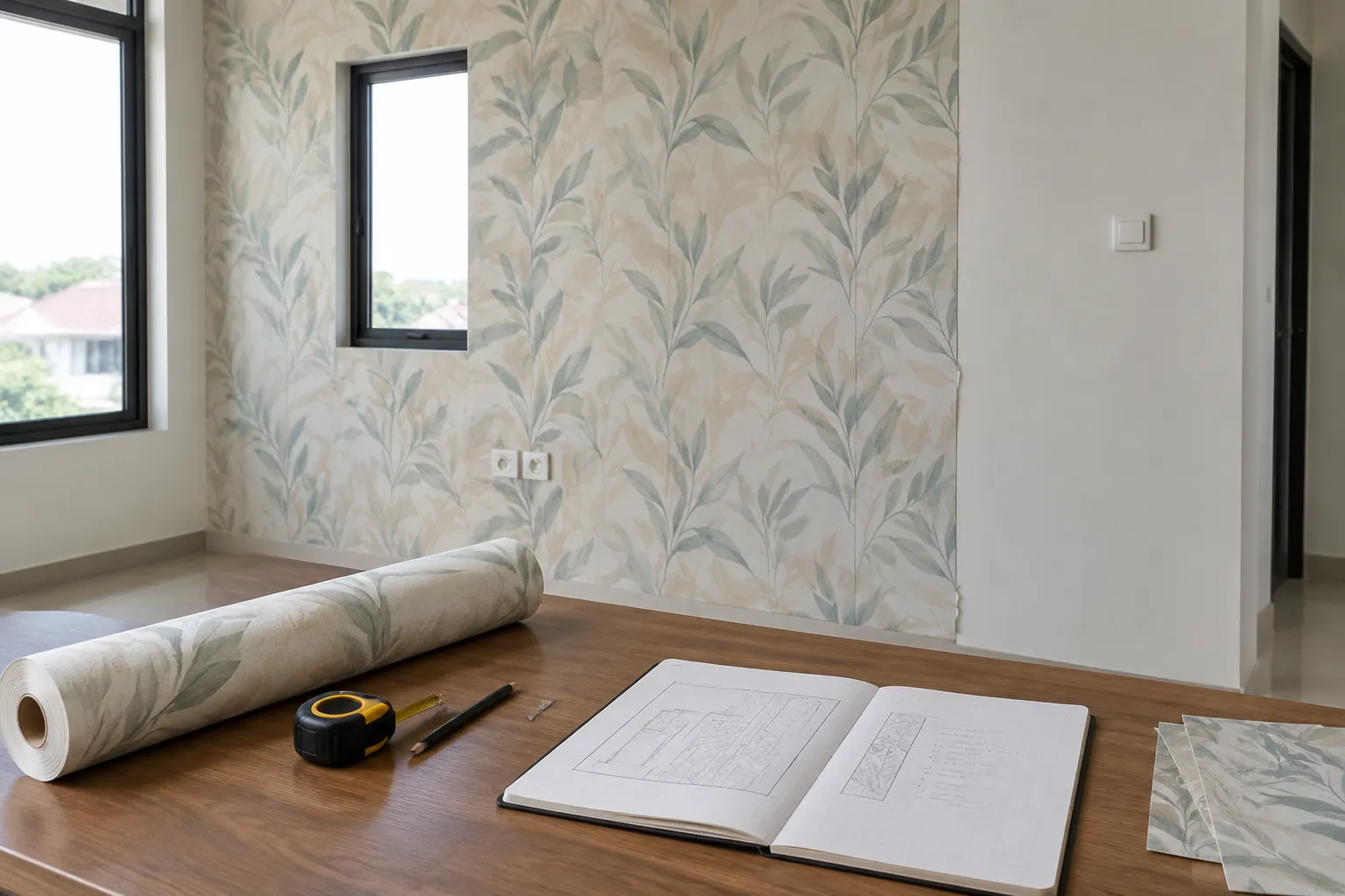 Wallpaper bermotif daun terpasang dengan gulungan sisa di lantai