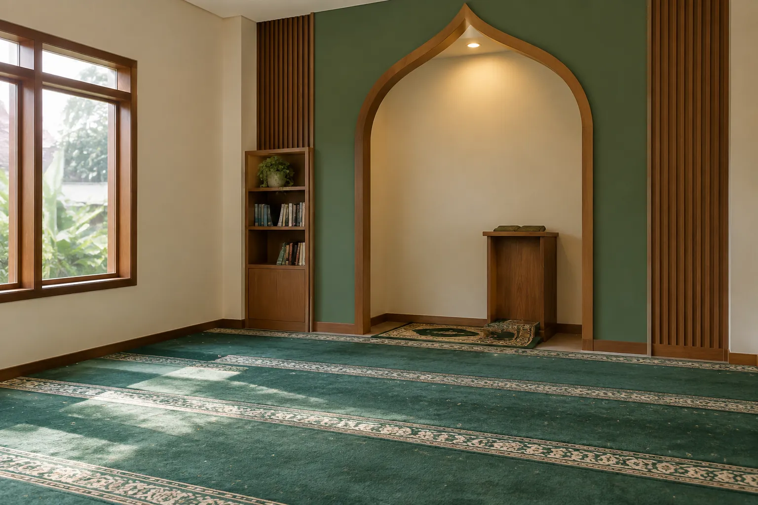 Mushola dengan mihrab melengkung dan panel kayu