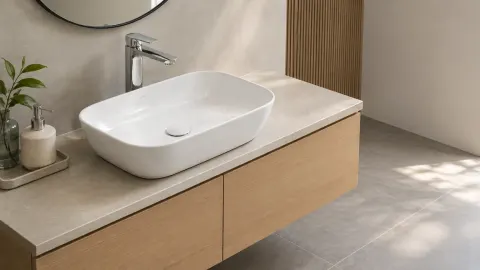 Wastafel putih dengan kabinet gantung kayu