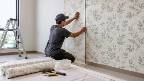 Pekerja memasang wallpaper bermotif pada dinding